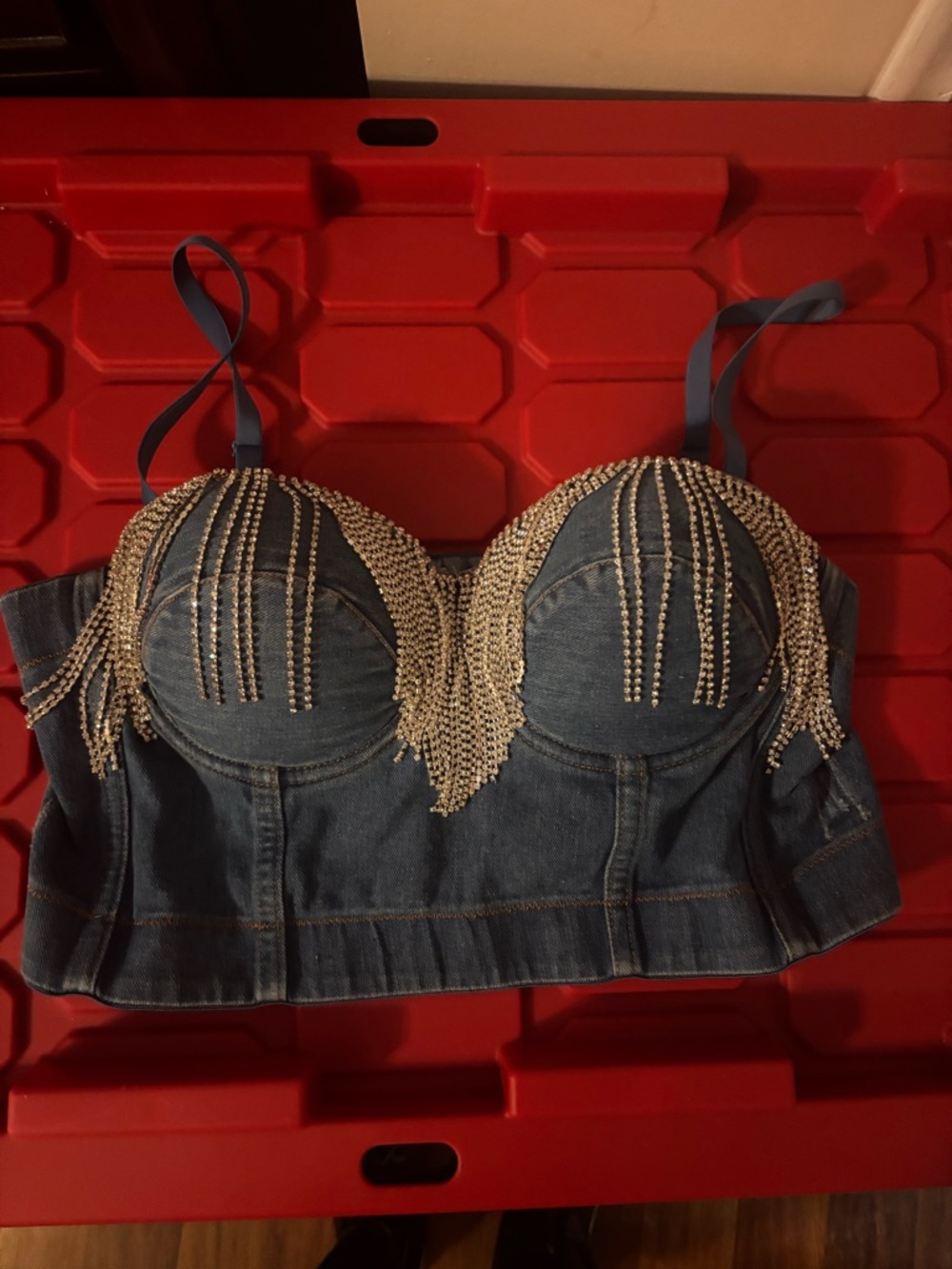 Denim Bustier Crop Top with Gold Chain Fringe-Willow Boutique